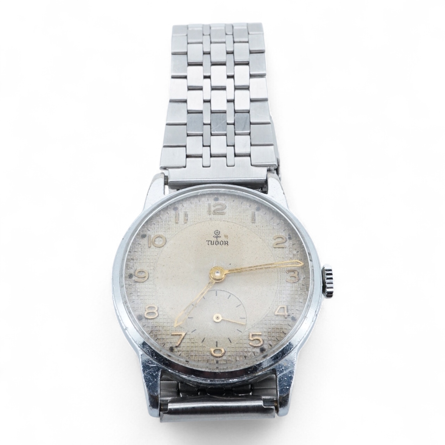 A gentleman's 1950's? steel Tudor manual wind wrist watch, with Arabic dial and subsidiary seconds, ETA movement 1260, case diameter 32mm, on an associated stainless steel strap, no box or papers.